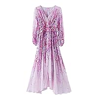 Women Dress Silk Floral Printed V Neck Long Sleeve Back Elastic High Waist Midi Vacation Pink Dress 2815