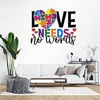 Love Needs No Words Autism Heart Vinyl Wall Decal Autism Awareness Wall Stickers Puzzle Piece Autistic Support Decorative Decals for Wall Nursery Wall Art Decor Sticker Living Room Bedroom