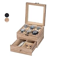 Watch Box, Watch Case for Men Women with Large Glass Lid, Wooden Watch Display Storage Box with 2 - Layers & 6 - Slots, Wood Mens Watch Box Organizer for Gift