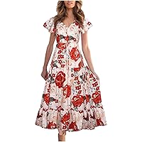 Women's Bohemian Beach V-Neck Trendy Dress Foral Print Hawai Casual Summer Swing Sleeveless Long Floor Maxi Flowy Red