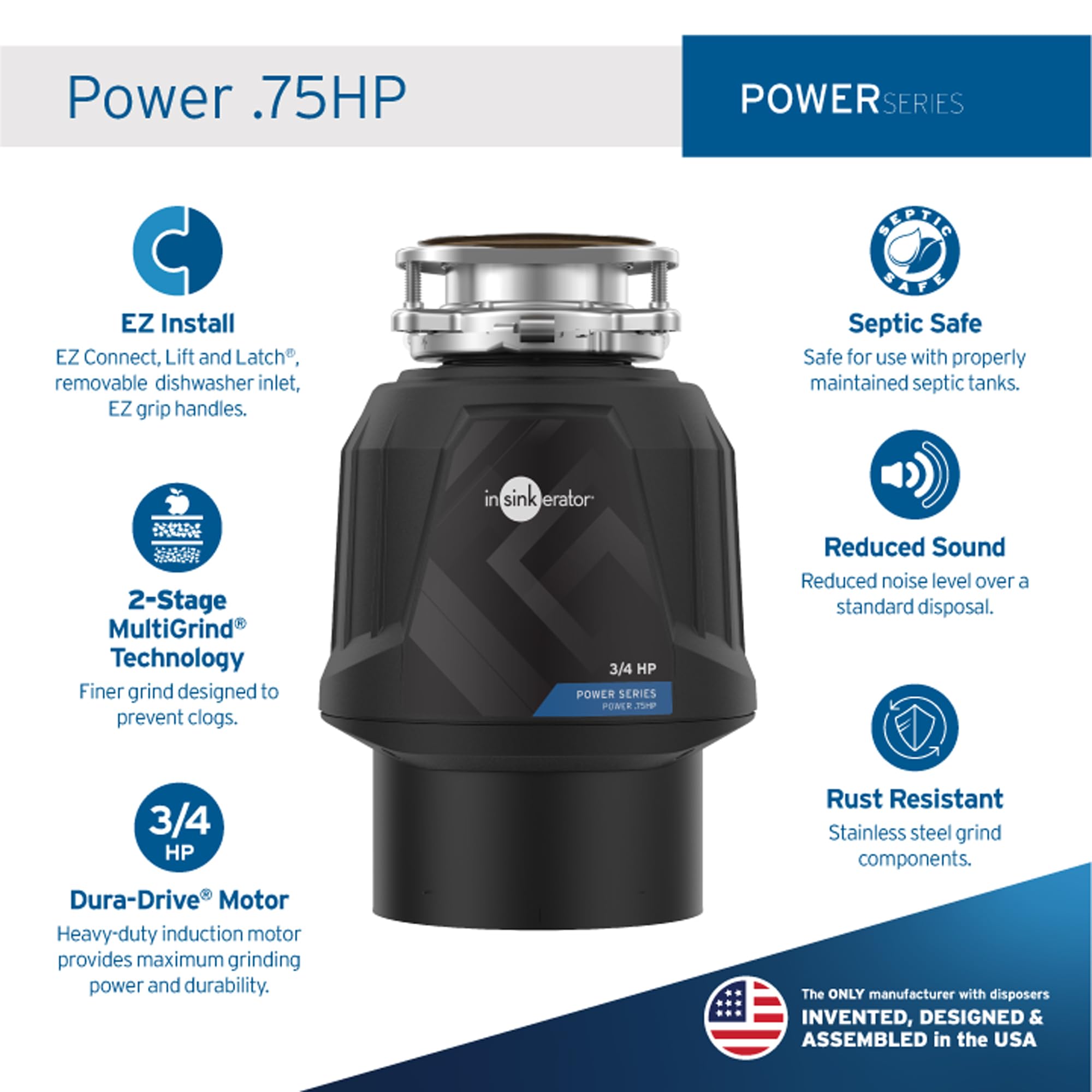 InSinkErator Power .75HP, 3/4 HP Garbage Disposal, Power Series EZ Connect Continuous Feed Food Waste Disposer