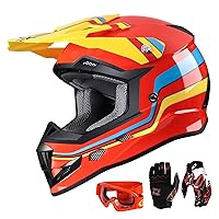 GLX GX623 DOT Kids Youth ATV Off-Road Dirt Bike Motocross Motorcycle Full Face Helmet Combo Gloves Goggles for Boys & Girls (Retro Red, Small)