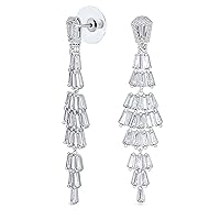 Bridal AAA Cubic Zirconia CZ Linear Statement Traditional Asian Estate Art Deco Style Column Chandelier Earrings For Women Prom Silver Plated