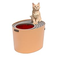 IRIS USA Medium Stylish Round Top Entry Cat Litter Box with Scoop, Curved Kitty Litter Pan with Litter Particle Catching Grooved Cover and Privacy Walls, Orange/Brown