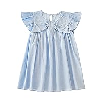 Girls Summer Blue Striped Dress Chest Bow Small Flying Sleeve Crew Neck A Swing Casual School Dance Dresses for