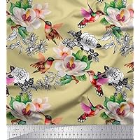 Soimoi Silk Beige Fabric - by The Yard - 42 Inch Wide - Hummingbird, Leaves & Flower Floral Textile - Playful and Delicate Fusion for Stylish Creations Printed Fabric