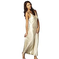 Women's Silk Long Gown, Lace Trim, Deep V-Neckline, Rich Lace Insets, Sleepwear, Lingerie