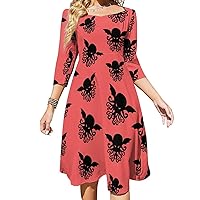 Cool Cthulhu Midi Dresses for Women Tie Flared A-Line Swing 3/4 Sleeves Cute Sundress