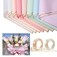 Tenare 20 Pcs Translucent Gold Edge Waterproof Floral Wrapping Paper Sheets Frosted Bouquet Packaging Paper and Double Face Satin Ribbon for Engagement Wedding DIY Crafts Gift (Bright Colors)