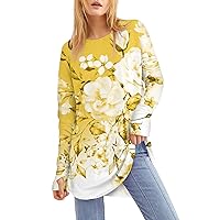 Long Sleeve Workout Tops for Women Office Plus Size Autumn Fashion Shirts Female Long Sleeve Printed Super Soft Crewneck Fit T-Shirt Ladies Yellow White Shirts for Women XX-Large