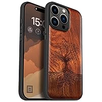 Carveit Magnetic Wood Case for iPhone 15 Pro Max [Solid Wood & Black Soft TPU] Shockproof Protective Cover Unique Wooden Case Compatible with magsafe (Tree with Roots -Red Wood)
