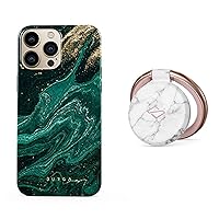 BURGA Bundle of iPhone 13 PRO MAX Case and Metal Cell Phone Ring Stand Holder Finger Grip Kickstand 360 Degree Rotation, Universal, Fashion Cute for Girls Heavy Duty Shockproof (Emerald Pool)