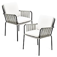 YITAHOME Outdoor Dining Chair Set of 2, All-Weather Rope & Wicker Rattan Woven Patio Chairs, Indoor-Outdoor Armchair Seating for Patio Backyard Poolside Balcony, Grey Rattan & Beige Cushion