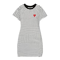 MakeMeChic Women's Striped Heart Print Summer T Shirt Dress Crew Neck Short Sleeve Mini Bodycon Dress