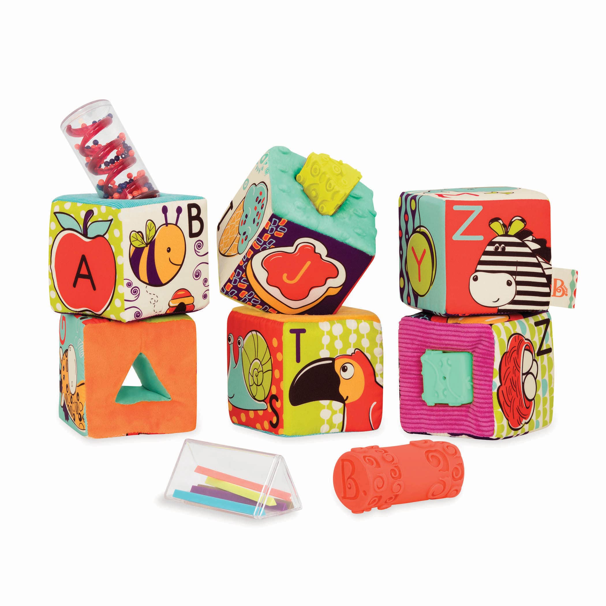B. Toys by Battat ABC Block Party Baby Blocks – Soft Fabric Building Blocks for Toddlers – Educational Alphabet Blocks with 6 Textured Toy Blocks & 5 Shapes – Grab & Stack Blocks, Multicolored