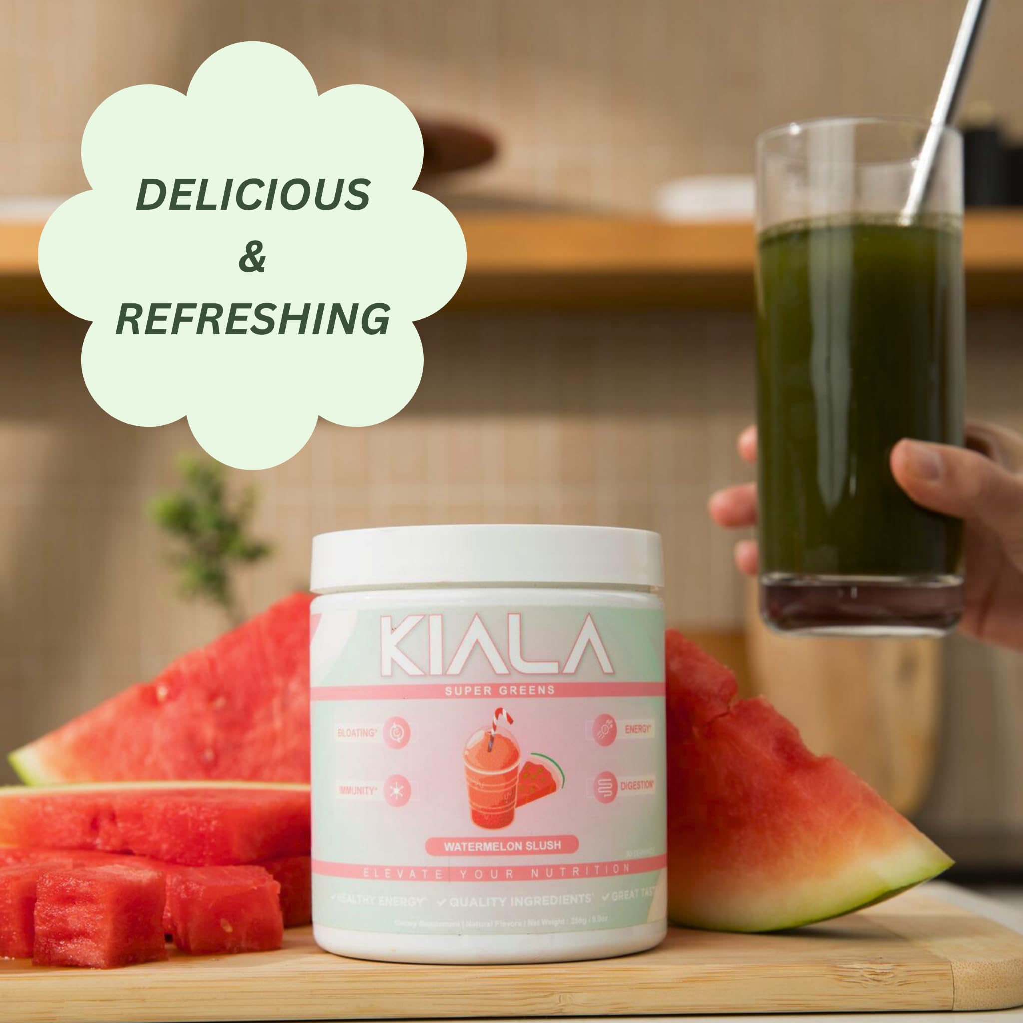 Kiala Nutrition Super Greens - Organic Greens Powder to Reduce Bloat, Support Gut Health, Boost Immunity, Promote Healthy Skin for Women - Antioxidant Support - Spirulina - Chlorella -Watermelon Slush