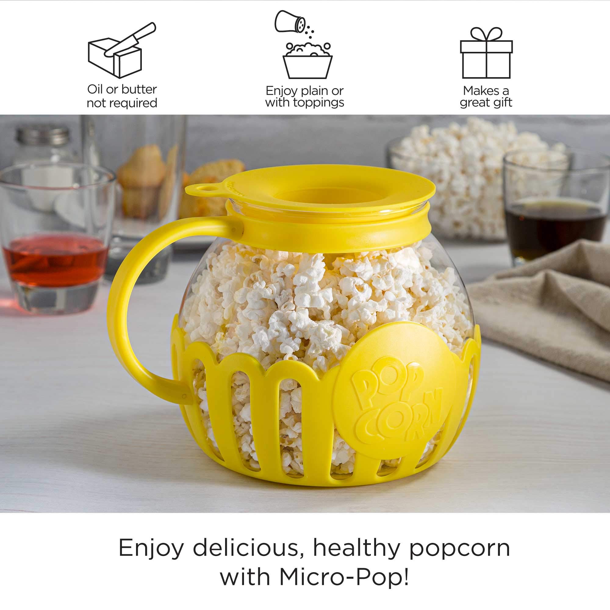 Ecolution Patented Micro-Pop Microwave Popcorn Popper with Temperature Safe Glass, 3-in-1 Lid Measures Kernels and Melts Butter, Made Without BPA, Dishwasher Safe, 3-Quart, Yellow
