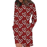 Women's Valentines Dress Long Sleeve Dress Heart Print Casual Tunic Dress Pullover Hip Pack Sweater Dress, S-3XL