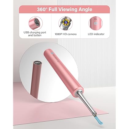 Ear Wax Removal Tool Camera,Ear Wax Removal, Ear Camera with 1080P, Otoscope with Light, Ear Wax Removal Kit with 4 Ear Pick, Ear Camera for iPhone, iPad, Android Phones(Pink)