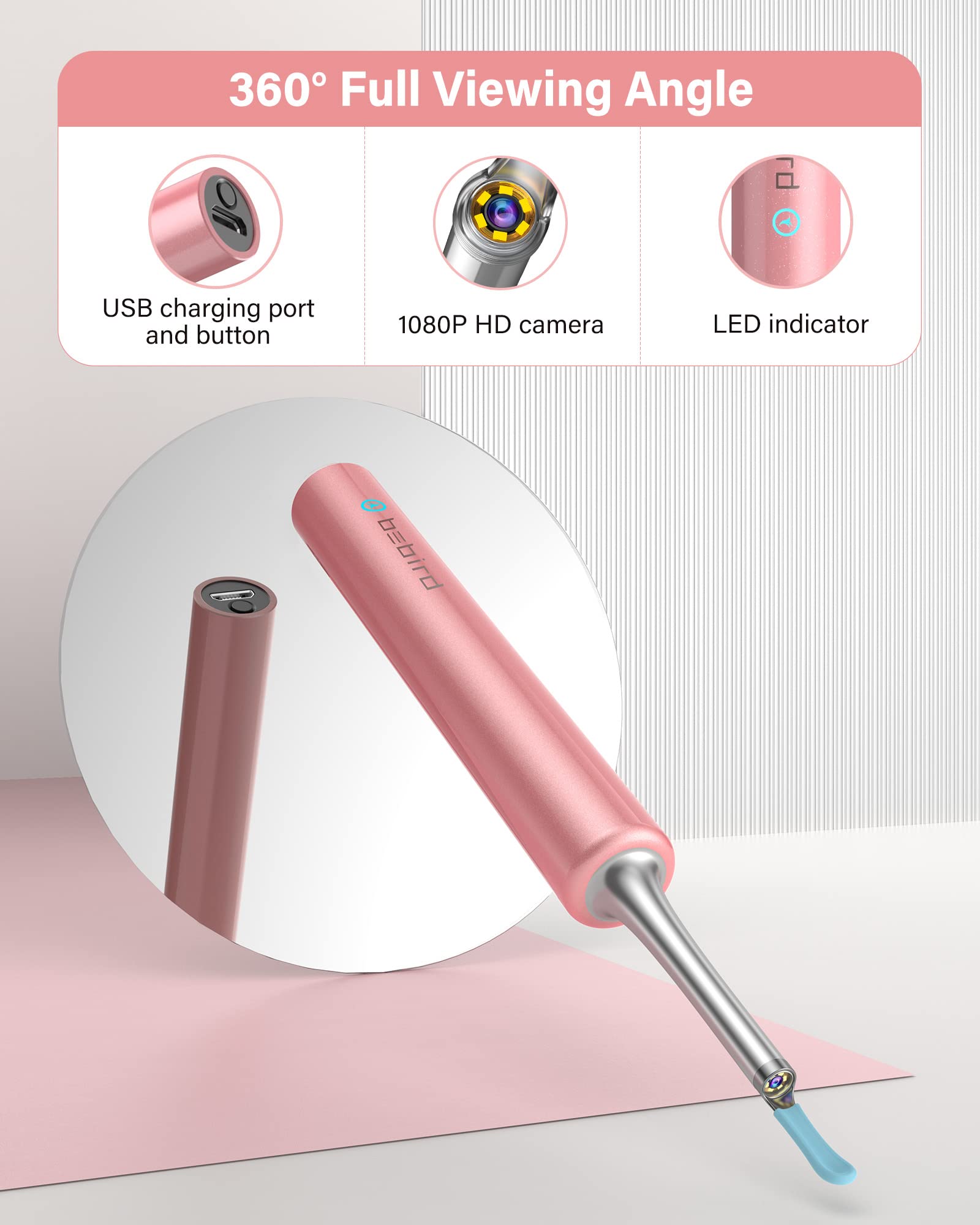 Ear Wax Removal Tool Camera,Ear Wax Removal, Ear Camera with 1080P, Otoscope with Light, Ear Wax Removal Kit with 4 Ear Pick, Ear Camera for iPhone, iPad, Android Phones(Pink)