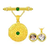 SOULMEET Personalized 10K 14K 18K Gold/Plated Gold Round Emerald Locket Picture Brooch Natural Gemstone Emerald Locket Charm Custom Fine Jewelry Gift for Wome Men