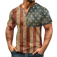 Henley Shirts for Men Classic Vintage Independence Day Star Flag Printed T-Shirt Button Down Short Sleeve Casual Top