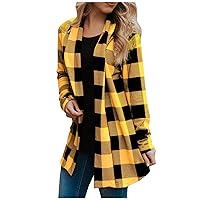Women's Flannel Cardigan Outerwear Open Front Shacket Jacket Long Sleeve Casual Plaid Coats Tops Checked Shirts