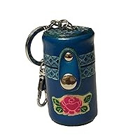 Genuine leather Coin Holder,Jewelries Carrier, Pill Case. Flower Pattern with Key ring (Blue)