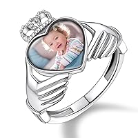 Personalized Photo Rings for Women Girl- Custom Made Dainty Heart-Shaped/Claddagh Ring with Picture Inside - 925 Sterling Silver/Stainless Steel Engraved Memory Jewelry