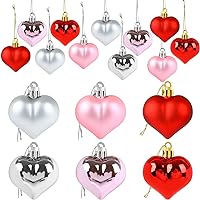 CCINEE 36pcs Valentine's Day Heart Shaped Ornaments, Red Pink Silver Plastic Heart Shaped Baubles Romantic Valentine's Day Hanging Decorations for Home Valentine Tree Wedding Anniversary Party