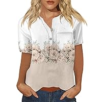 Collared Shirts for Women Boho Floral Print Short Sleeve Tops Henley Neck Summer Blouses Fitted Shirts Dressy Casual