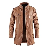 Men's Leather Jacket Stand Collar Steampunk Motorcycle Jackets Faux Pu Leather Mid-Length Windbreaker Trench Coat