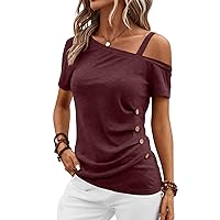 Womens Off Shoulder Tops Summer Asymmetrical Shirts Short Sleeve Button Ruched Blouses 2024