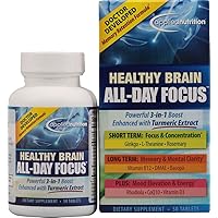 Applied Nutrition Healthy Brain All-Day Focus - 50 Tablets - Powerful 3-in-1 Brain Booster with Turmeric Extract - 25 Servings