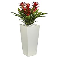 Nearly Natural Artificial Triple Bromeliad Plant in White Tower Planter, 16