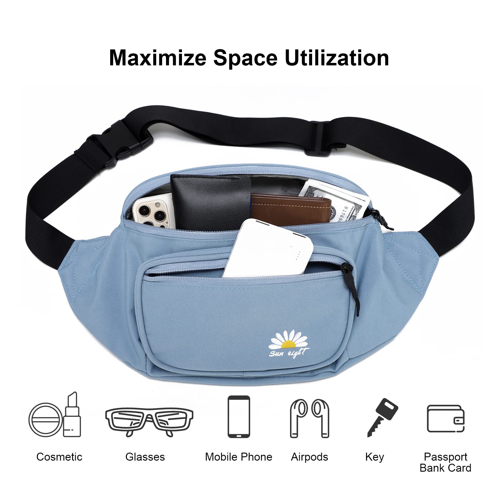 CaranY Festival Gear Fanny Pack for Men Women - Many Prints -Blue-Grey Crossbody Fanny Pack, Belt Bag with Adjustable Strap Cute Waist Bag for Festival Rave Hiking Running Cycling…