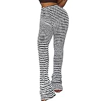 DINGANG Women Fuzzy Flare Stacked Pants, Zebra Black and White Striped High Waist Sweatpant, Knitted Pajama Legging Trendy