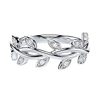 THELANDA Genuine Moissanite or Simulated Round Brilliant Diamond Sterling Silver Twisted Olive Branch Leaves Band Wedding Ring
