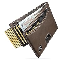 Crazy Horse Leather Slim Minimalist Wallet for Men - RFID Blocking Bifold with Metal Money Clip, ID Window & Front Card Slot (Dark Brown)