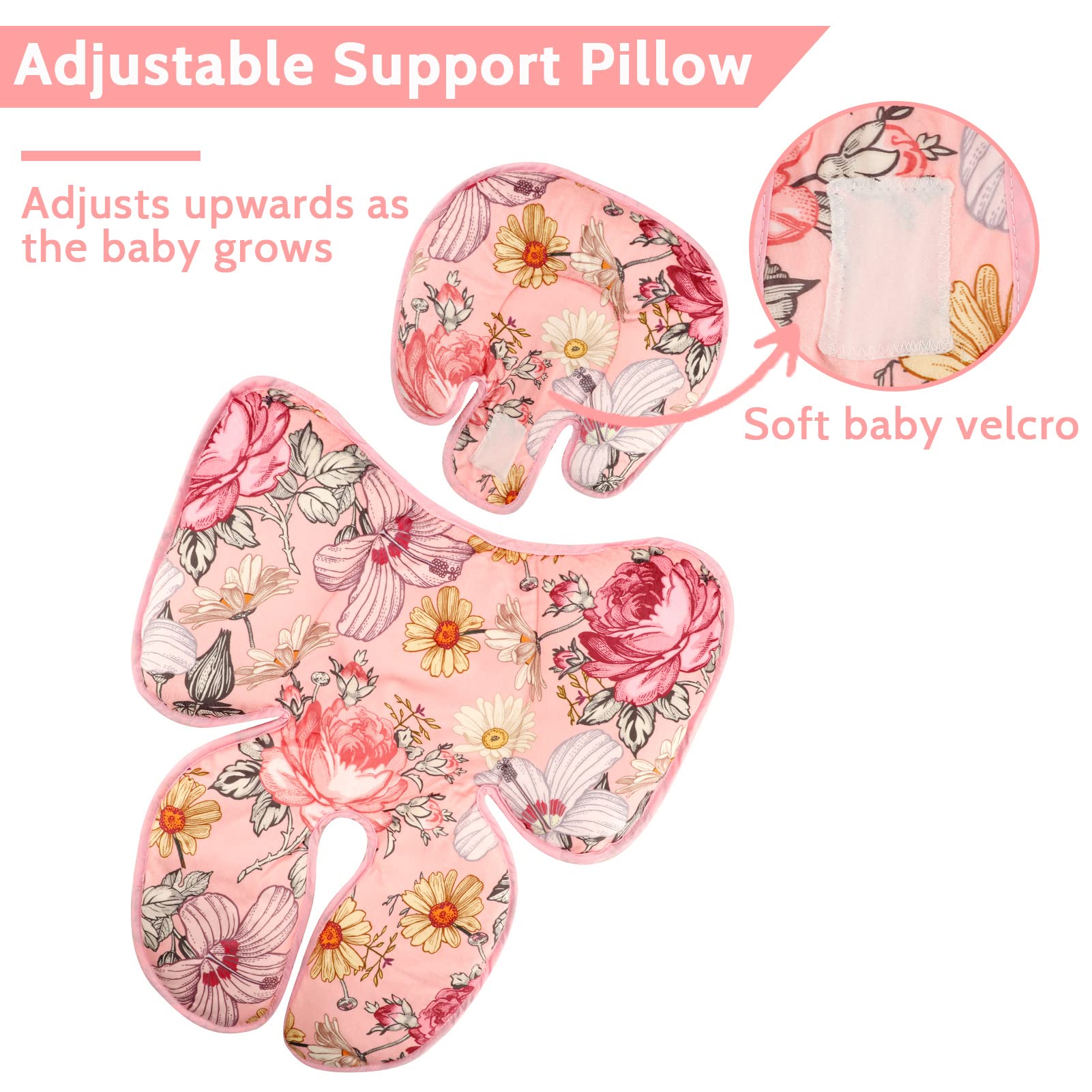 Pink Infant Car Seat Head Body Support Pillow,Baby Car Seat Strap Covers Shoulder Pads for Baby Kid, Super Soft Infant Carseat Belt Covers for All Car Seat Stroller