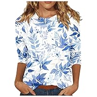 Trendy Tops for Women 2024, 3/4 Sleeve Shirts for Women Cute Print Graphic Tees Blouses Casual Plus Size Basic Tops Pullover