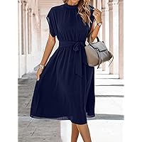 Dresses for Women - Batwing Sleeve Belted Dress (Color : Navy Blue, Size : Medium)