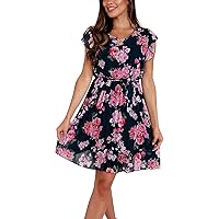 Womens Summer Dresses with Sleeves Casual,Womens Short Sleeve O Neck Summer Boho Casual A Line Floral Mini Dres