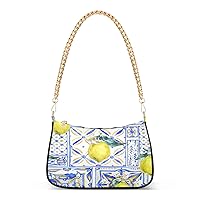 Shoulder Bags for Women Vintage Yellow Lemon Fruit and Blue Print Hobo Tote Handbag Small Clutch Purse with Zipper Closure