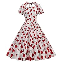 Women 50s 60s Vintage Short Sleeve Cocktail Swing Dress 1950s Cherry Print Bowtie Back Audrey Rockabilly Prom Dress