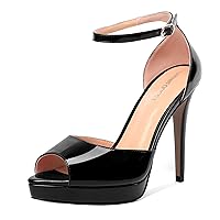 Womens Open Toe Ankle Strap Buckle Sexy Evening Peep Toe Patent Stiletto High Heel Platforms Sandals 4.7 Inch
