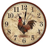 Rustic Rooster Hen Good Morning Art Clock Non Ticking Silent Wooden Wall Clocks Farm Chicken Hen Wall Clock Farmhouse for Kitchen Bedroom Office Round Clock 10Inch Birthday Housewarming Gift