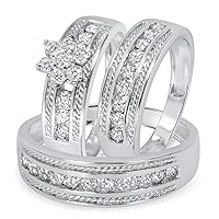 14K White Gold Plated 1/4 Ct Round Cut Sim Diamond His & Her Wedding Trio Ring Set