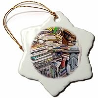 3dRose LLC Stack of Books A Digital Collage of Books and A Greek Statue 3-Inch Snowflake Porcelain Ornament