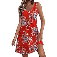 Sleeveless Dress Women's Casual V Neck Fashion Floral Printting Summer with Pockets Womens Sundress Beach Boho Dress